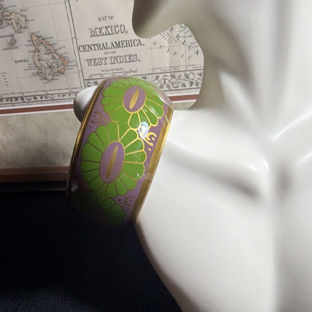 Enamel Floral Bangle Bracelet, Green Purple & Brass